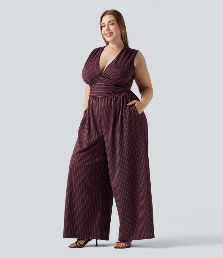 Plus Size Deep V Neck Built-in Bra Sleeveless Ruched Cool Touch Stripe Work Jumpsuit with Pockets-Easy Peezy Edition