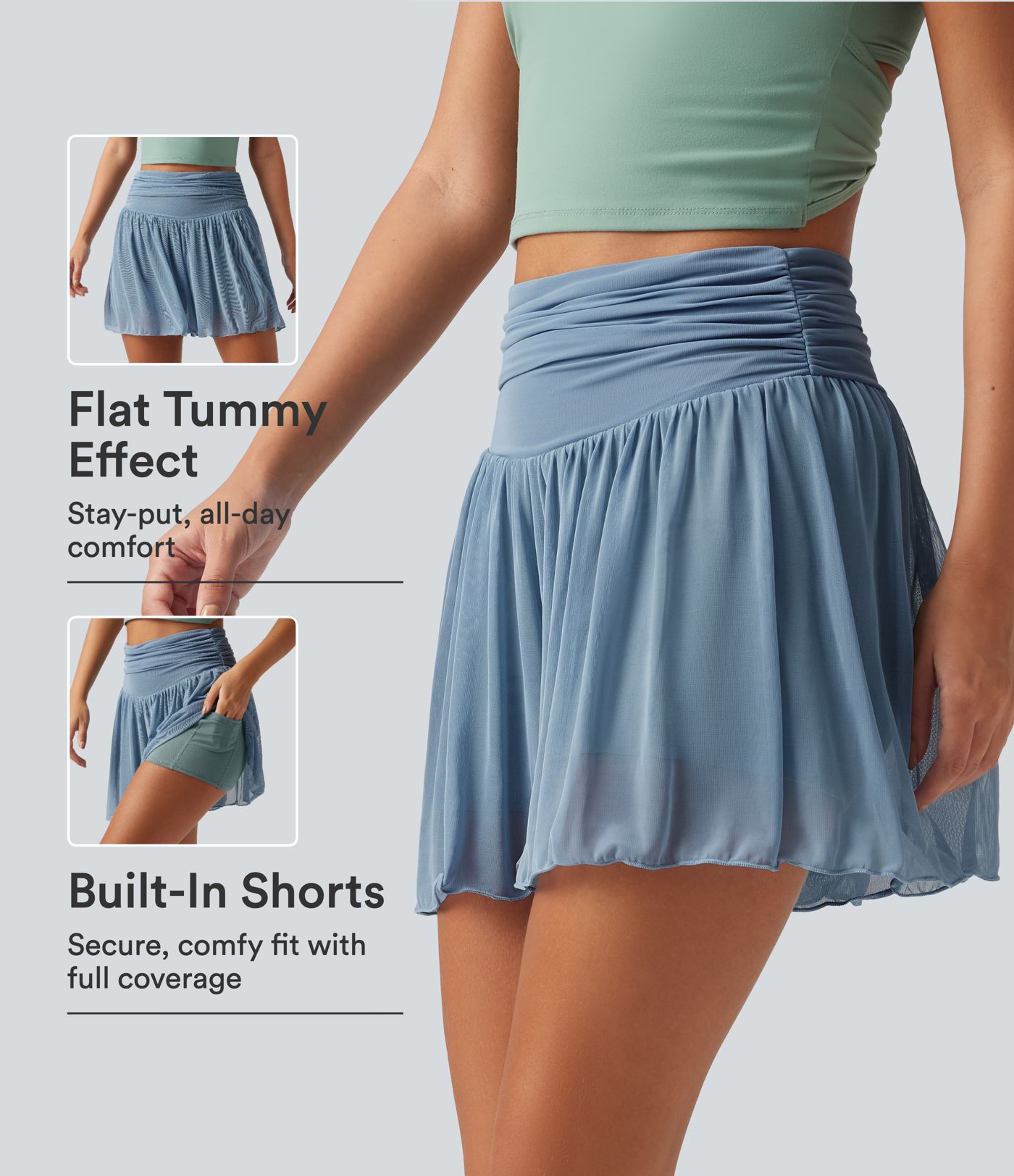High Waisted Ruched Tummy Control Contrast Mesh 2-in-1 Casual Shorts 3" with Pockets High Waisted Ruched Tummy Control Contrast Mesh 2-in-1 Casual Shorts 3" with Pockets