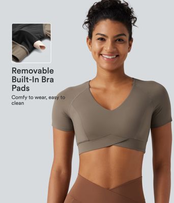 Halara UltraSculpt™ V Neck Built-in Bra Short Sleeve Crossover Hem Cropped Workout Sports Top