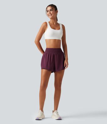 Breezeful™ High Waisted 2-in-1 Crossover Curved Hem Quick Dry Running Shorts 3'' with Pockets