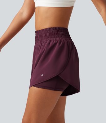 Breezeful™ High Waisted 2-in-1 Crossover Curved Hem Quick Dry Running Shorts 3'' with Pockets