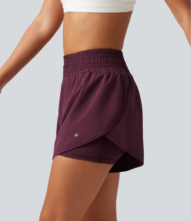 Breezeful™ High Waisted 2-in-1 Crossover Curved Hem Quick Dry Running Shorts 3'' with Pockets