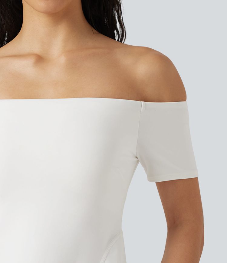 SoftlyZero™ Plush Off Shoulder Short Sleeve Built-in Bra Mini Casual Dress B-DD Cups SoftlyZero™ Plush Off Shoulder Short Sleeve Built-in Bra Mini Casual Dress B-DD Cups