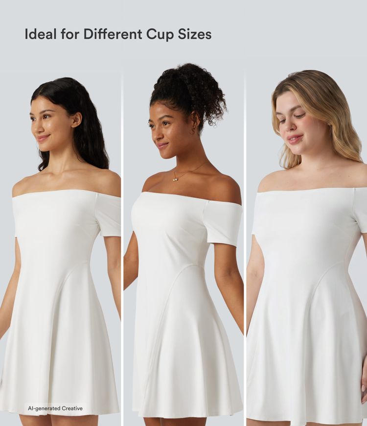 SoftlyZero™ Plush Off Shoulder Short Sleeve Built-in Bra Mini Casual Dress B-DD Cups SoftlyZero™ Plush Off Shoulder Short Sleeve Built-in Bra Mini Casual Dress B-DD Cups