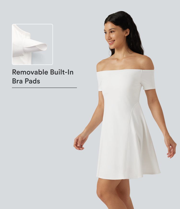 SoftlyZero™ Plush Off Shoulder Short Sleeve Built-in Bra Mini Casual Dress B-DD Cups SoftlyZero™ Plush Off Shoulder Short Sleeve Built-in Bra Mini Casual Dress B-DD Cups