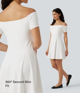 SoftlyZero™ Plush Off Shoulder Short Sleeve Built-in Bra Mini Casual Dress B-DD Cups SoftlyZero™ Plush Off Shoulder Short Sleeve Built-in Bra Mini Casual Dress B-DD Cups
