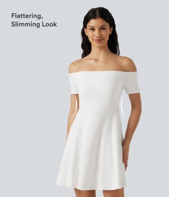 SoftlyZero™ Plush Off Shoulder Short Sleeve Built-in Bra Mini Casual Dress B-DD Cups SoftlyZero™ Plush Off Shoulder Short Sleeve Built-in Bra Mini Casual Dress B-DD Cups