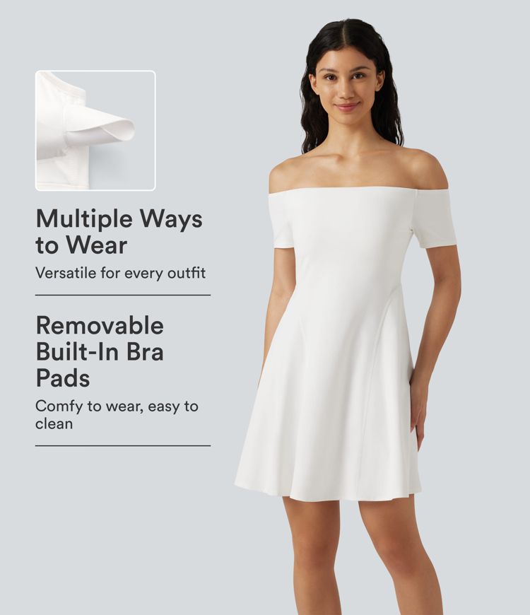SoftlyZero™ Plush Off Shoulder Short Sleeve Built-in Bra Mini Casual Dress B-DD Cups SoftlyZero™ Plush Off Shoulder Short Sleeve Built-in Bra Mini Casual Dress B-DD Cups