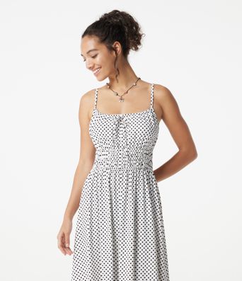 Fließendes Midi-Slipkleid mit Punkten und vorderer Bindung, lässig Fließendes Midi-Slipkleid mit Punkten und vorderer Bindung, lässig