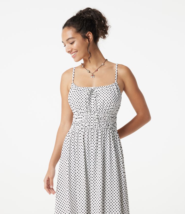 Fließendes Midi-Slipkleid mit Punkten und vorderer Bindung, lässig Fließendes Midi-Slipkleid mit Punkten und vorderer Bindung, lässig