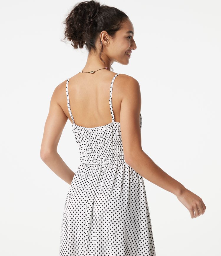 Fließendes Midi-Slipkleid mit Punkten und vorderer Bindung, lässig Fließendes Midi-Slipkleid mit Punkten und vorderer Bindung, lässig