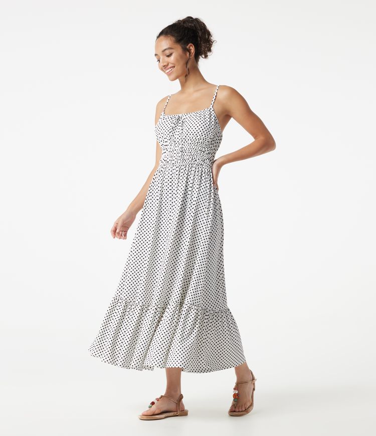 Fließendes Midi-Slipkleid mit Punkten und vorderer Bindung, lässig Fließendes Midi-Slipkleid mit Punkten und vorderer Bindung, lässig