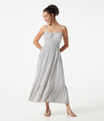 Fließendes Midi-Slipkleid mit Punkten und vorderer Bindung, lässig Fließendes Midi-Slipkleid mit Punkten und vorderer Bindung, lässig