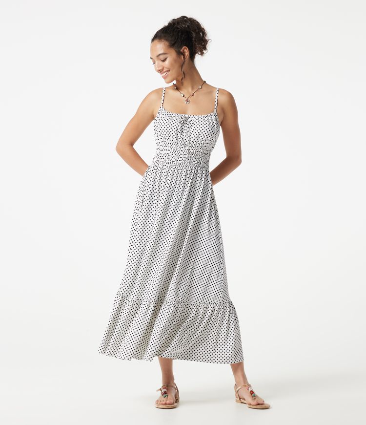 Fließendes Midi-Slipkleid mit Punkten und vorderer Bindung, lässig Fließendes Midi-Slipkleid mit Punkten und vorderer Bindung, lässig