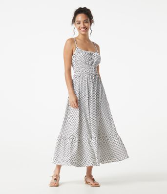 Fließendes Midi-Slipkleid mit Punkten und vorderer Bindung, lässig Fließendes Midi-Slipkleid mit Punkten und vorderer Bindung, lässig