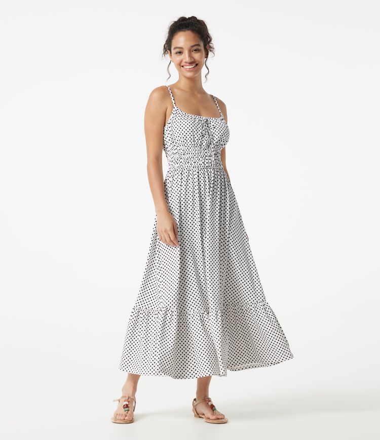 Fließendes Midi-Slipkleid mit Punkten und vorderer Bindung, lässig Fließendes Midi-Slipkleid mit Punkten und vorderer Bindung, lässig