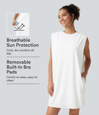 Round Neck Sleeveless Built-in Bra Cool Touch Mini Yoga Active Dress with Pockets-UPF50+