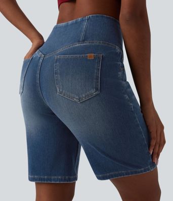 Halara Flex™ - Lässige Denim-Shorts mit hohem Crossover-Bund, mehreren Taschen und Bauchkontrolle