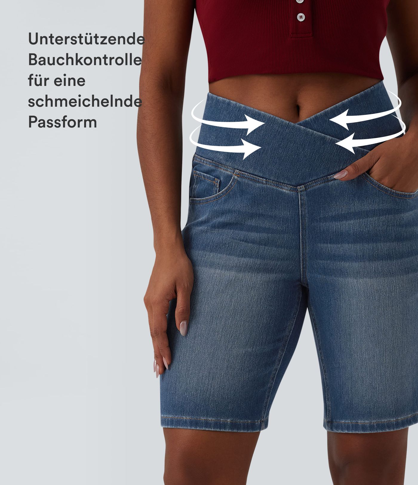 Halara Flex™ - Lässige Denim-Shorts mit hohem Crossover-Bund, mehreren Taschen und Bauchkontrolle