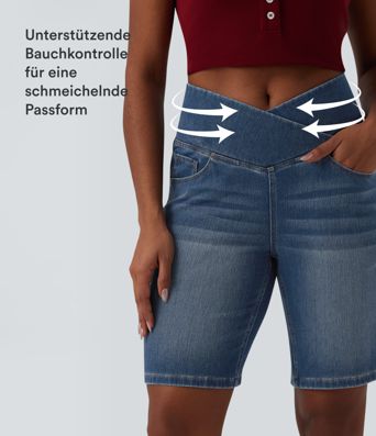 Halara Flex™ - Lässige Denim-Shorts mit hohem Crossover-Bund, mehreren Taschen und Bauchkontrolle