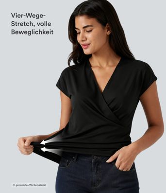 Blusa de trabajo sólida con escote en V, manga casquillo, cruzada y fruncida