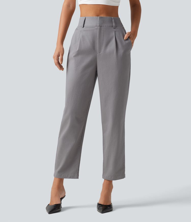 Pantalon chino en coton taille haute à coupe fuselée, style travail, avec poches Pantalon chino en coton taille haute à coupe fuselée, style travail, avec poches