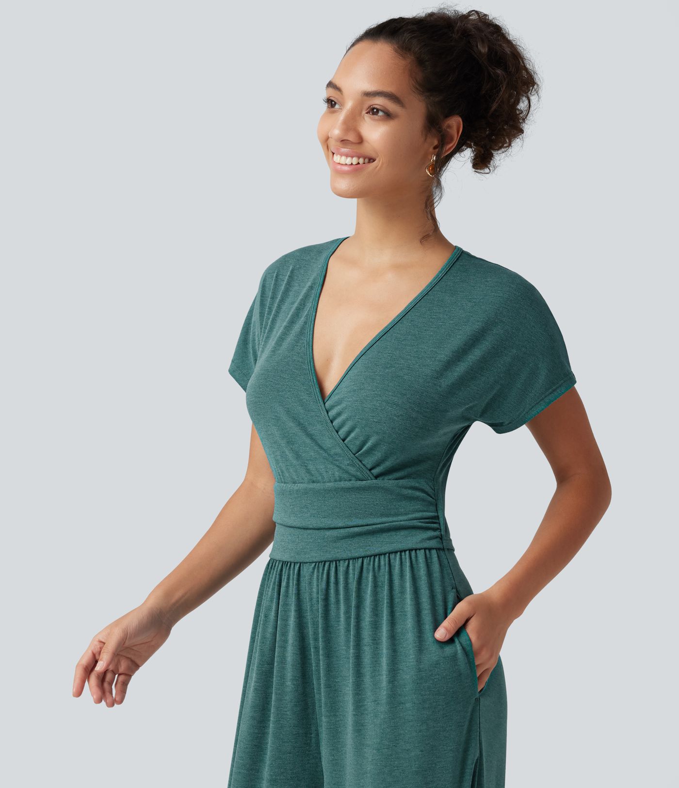 V Neck Batwing Sleeve Ruched Casual Jumpsuit with Pockets-Easy Peezy Edition
