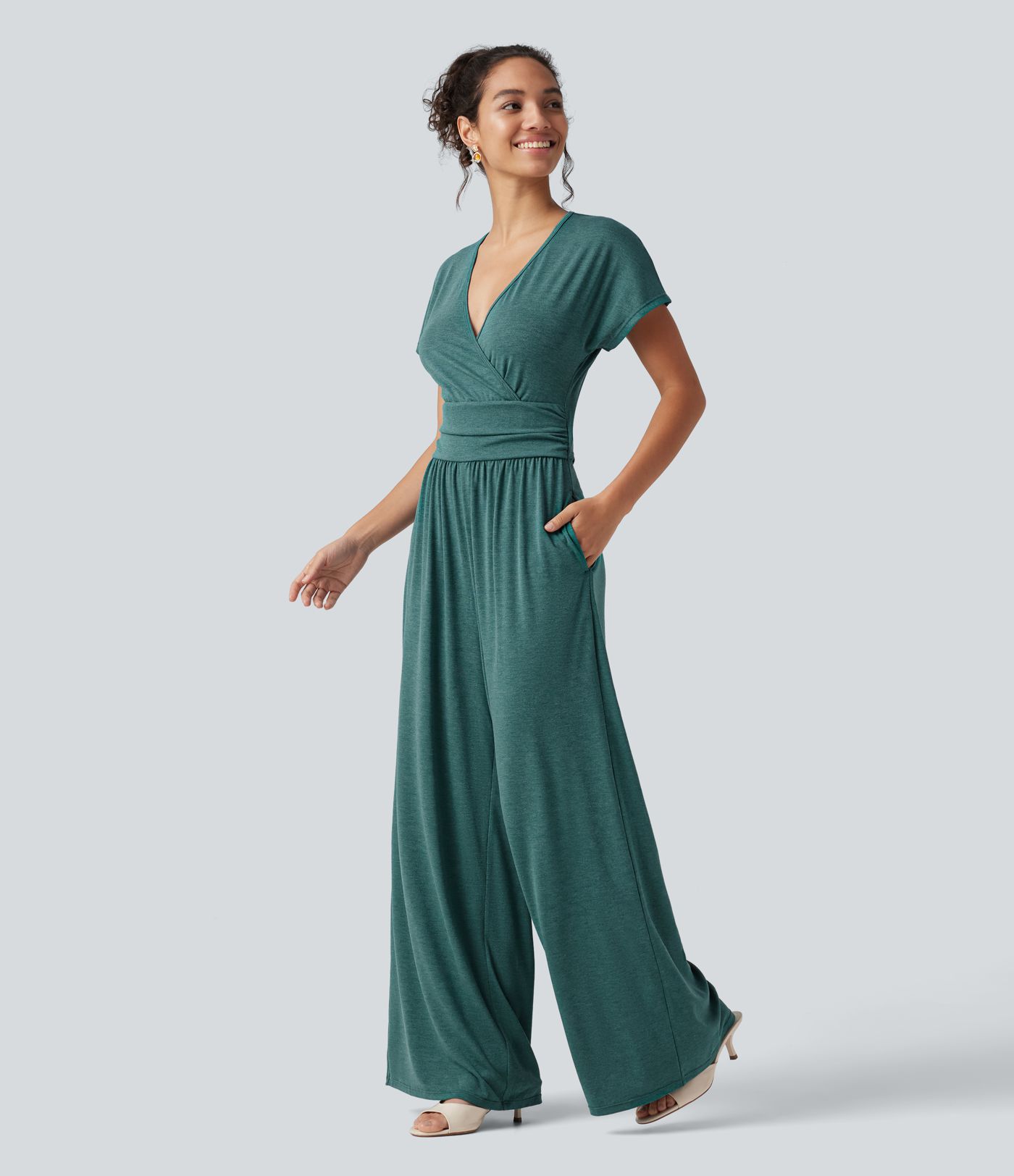 V Neck Batwing Sleeve Ruched Casual Jumpsuit with Pockets-Easy Peezy Edition