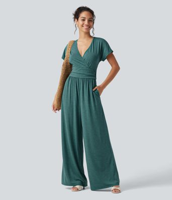V Neck Batwing Sleeve Ruched Casual Jumpsuit with Pockets-Easy Peezy Edition