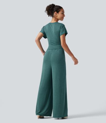 V Neck Batwing Sleeve Ruched Casual Jumpsuit with Pockets-Easy Peezy Edition