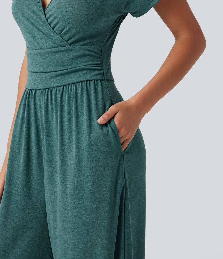 V Neck Batwing Sleeve Ruched Casual Jumpsuit with Pockets-Easy Peezy Edition