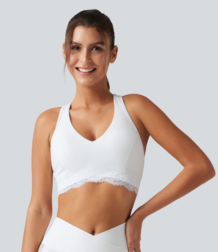 Halara UltraSculpt™ Low Support V Neck Built-in Bra Racerback Contrast Lace Workout Sports Bra