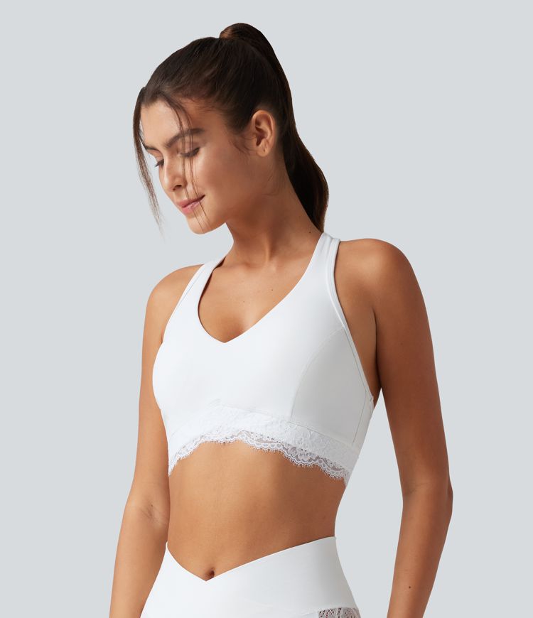 Halara UltraSculpt™ Low Support V Neck Built-in Bra Racerback Contrast Lace Workout Sports Bra