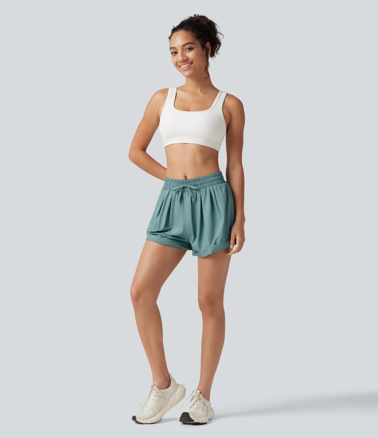Mid Rise Drawstring 2-in-1 Baggy Running Shorts with Pocket