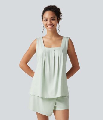 Square Neck Casual Linen-Blend Tank Top