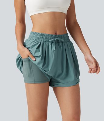 Mid Rise Drawstring 2-in-1 Baggy Running Shorts with Pocket