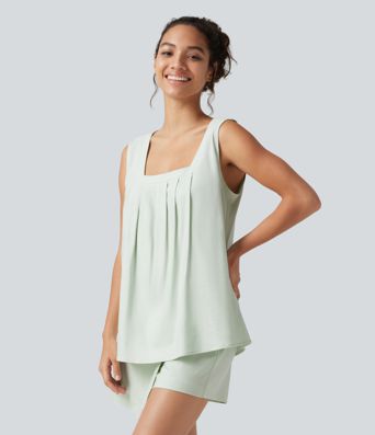 Square Neck Casual Linen-Blend Tank Top