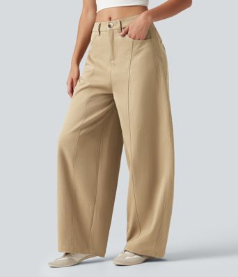 Mid Rise Casual Barrel Leg Pants with Pockets Mid Rise Casual Barrel Leg Pants with Pockets