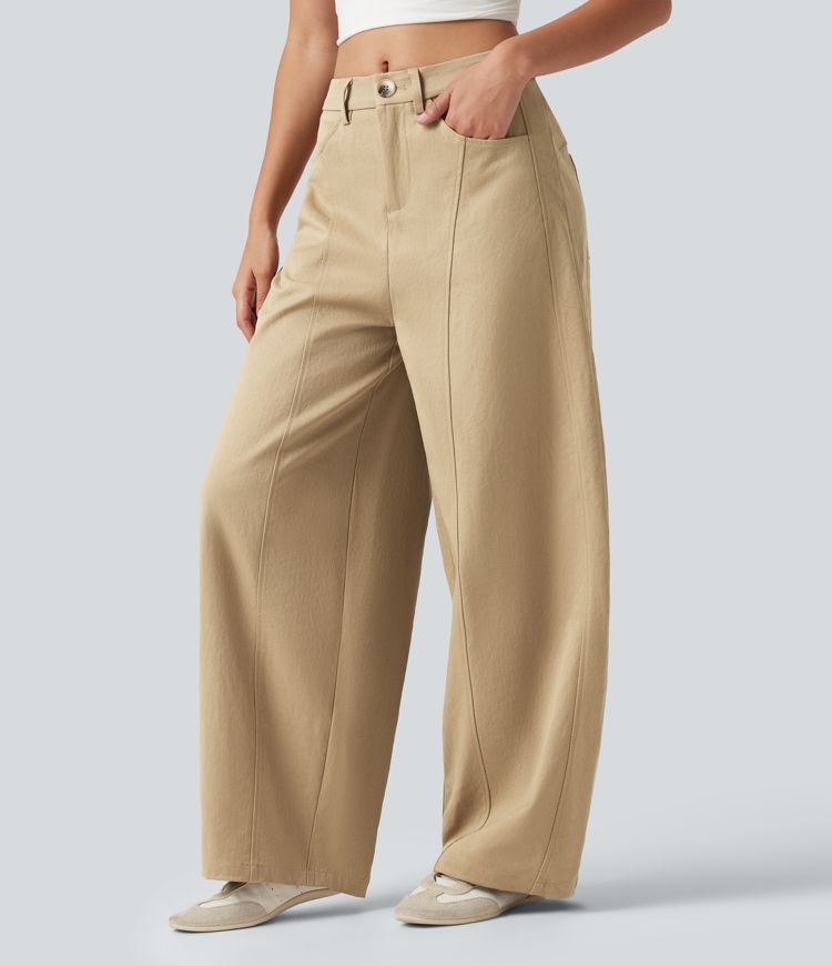 Mid Rise Casual Barrel Leg Pants with Pockets Mid Rise Casual Barrel Leg Pants with Pockets