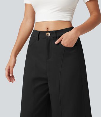 Pantalon casual taille mi-haute coupe barrel avec poches