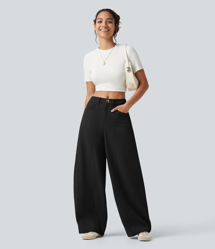 Pantalon casual taille mi-haute coupe barrel avec poches