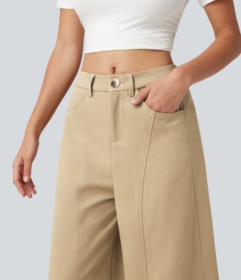 Mid Rise Casual Barrel Leg Pants with Pockets Mid Rise Casual Barrel Leg Pants with Pockets