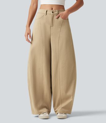 Mid Rise Casual Barrel Leg Pants with Pockets Mid Rise Casual Barrel Leg Pants with Pockets
