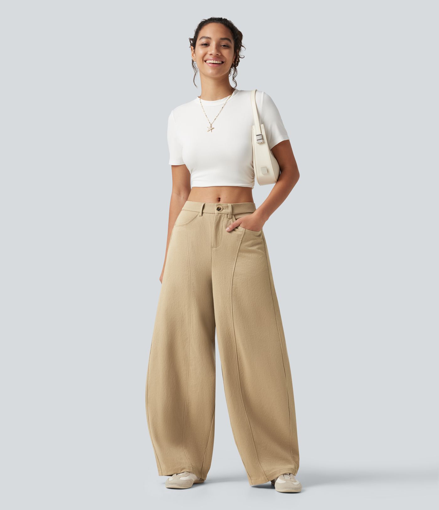Mid Rise Casual Barrel Leg Pants with Pockets Mid Rise Casual Barrel Leg Pants with Pockets