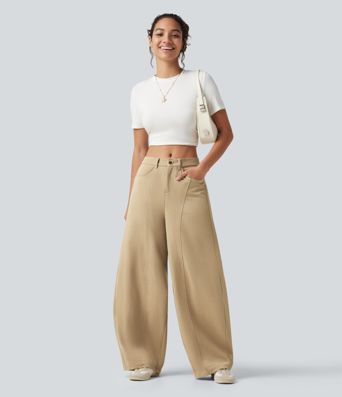 Mid Rise Casual Barrel Leg Pants with Pockets Mid Rise Casual Barrel Leg Pants with Pockets