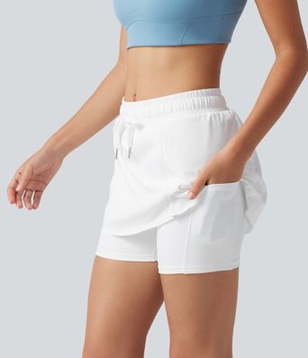 Softlyzero™ Airy Mid Rise Drawstring 2-in-1 Crossover Hem Cool Touch Mini Workout Skirt with Pockets