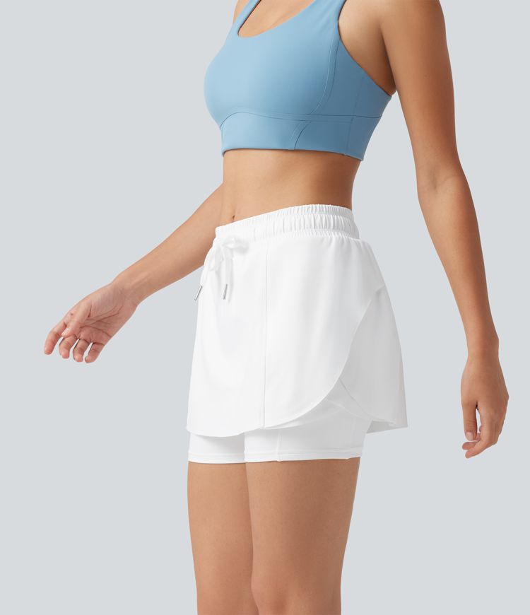 Softlyzero™ Airy Mid Rise Drawstring 2-in-1 Crossover Hem Cool Touch Mini Workout Skirt with Pockets