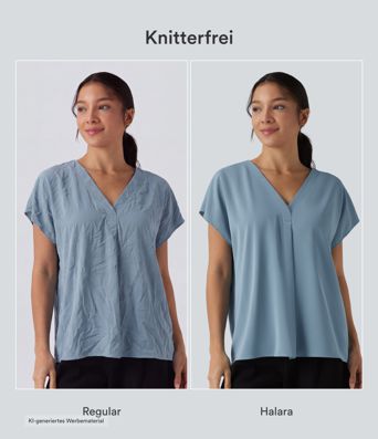 Oversized Arbeits-Bluse mit V-Ausschnitt und kurzen Ärmeln - knitterfrei