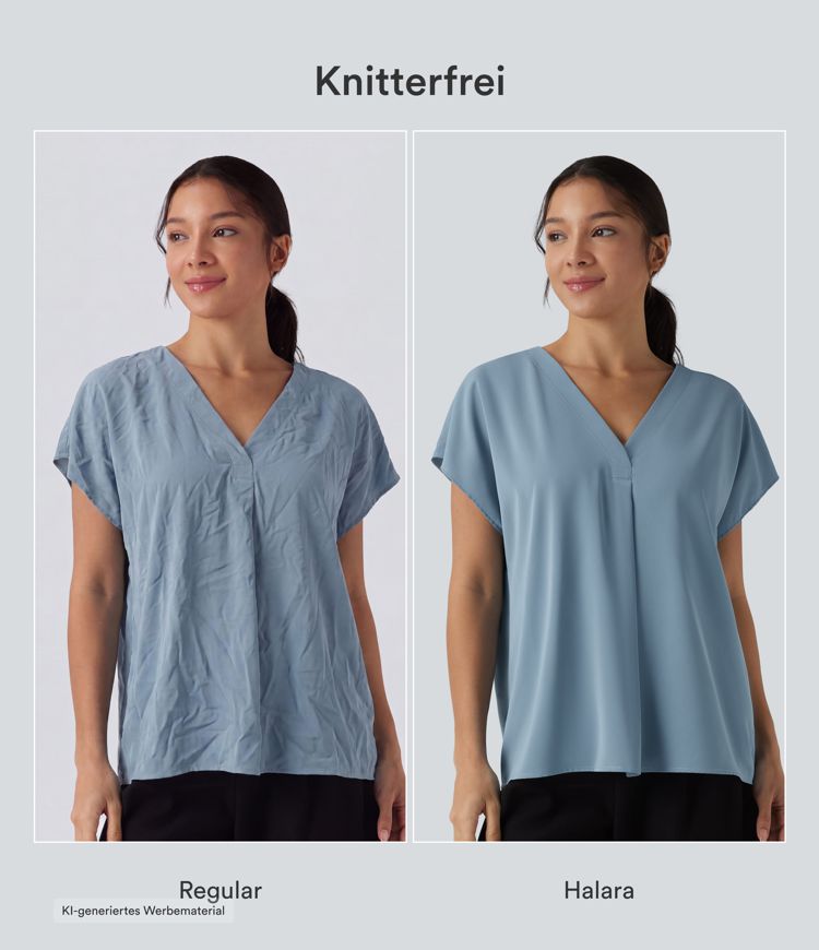 Oversized Arbeits-Bluse mit V-Ausschnitt und kurzen Ärmeln - knitterfrei