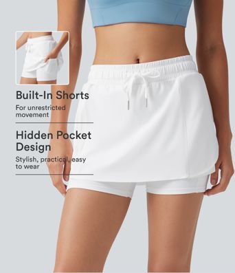 Softlyzero™ Airy Mid Rise Drawstring 2-in-1 Crossover Hem Cool Touch Mini Workout Skirt with Pockets